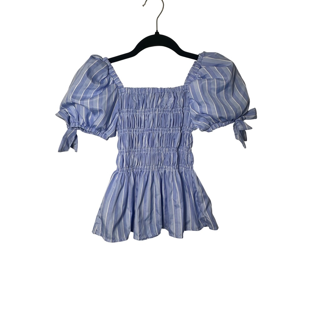 Habitual Girl Blue White Striped Smocked‎ Puff Sleeve with Bows Top Girl Size 14